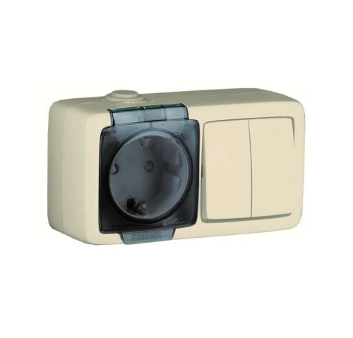 Alfa Блок с пылевлагозащитой, розетка одноместная, с заземляющими контактами, выключатель двухклавишный, слоновая кость | код БА16-212-01 | HEGEL