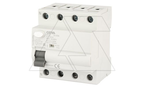 УЗО GYL9-4P-25A-30mA, 4P, 25A, 6 kA, 30mA, тип AC, 4M | код GYL94P25A30MA | GEYA