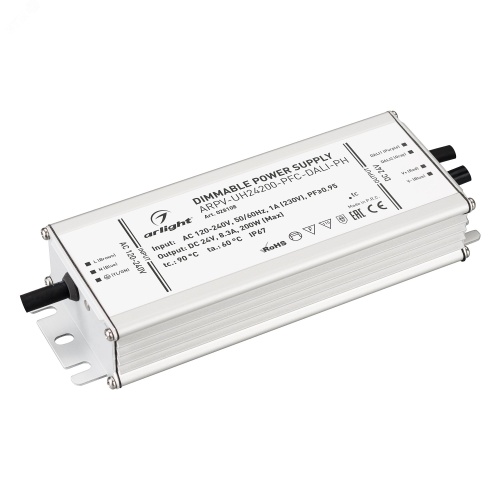 Блок питания ARPV-UH24200-PFC-DALI-PH (24V, 8.3A, 200W) (ARL, IP67 Металл, 7 лет) | код 28108 | Arlight