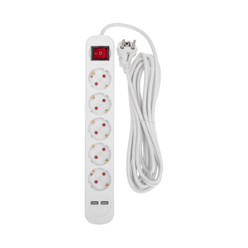 Удлинитель STANDARD 5 гнезд, 5м, 3х1,0мм?, с/з, с выключателем, 2 USB, белый REXANT | код 13-4036 | REXANT