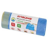 Мешки для мусора с завязками 60 л, синие, в рулоне 20 шт., прочные, ПНД 12 мкм, 55х62 см, LAIMA, 601397 | код 601397 | LAIMA