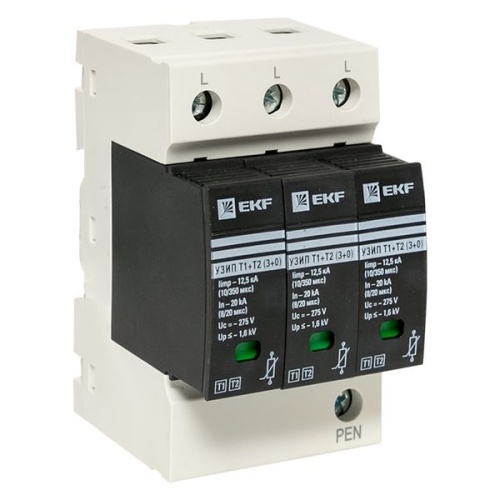 Устройство защиты от импульсных перенапряжений Т1+Т2, Iimp-12,5kA, In-20kA, Uc-275В, 3+0 PROxima | код OV12-3-503 | EKF фото 2