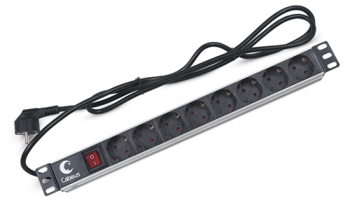 Cabeus PDU-8P-2EU Блок евророзеток для 19 шкафов, горизонтальный, 8 розеток, 16 A, выключатель, шнур 2м, алюминиевый корпус, немецкий стандарт | код 7297c | Cabeus