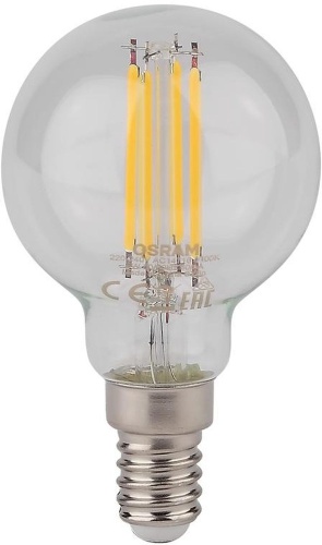 Лампа светодиодная LED 5Вт E14 CLB60D тепло-бел, Filament диммируемая,прозр.шар | код 4058075230415 | LEDVANCE