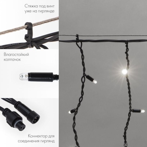 Гирлянда Айсикл Бахрома светодиодный, 3,2 х 0,6 м, черный провод каучук, 230 В, диоды белые, 88 LED | код 255-275 | Neon-Night фото 2