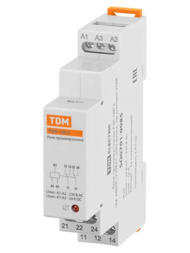 Реле промежуточное РЭК-1М/2 16А 24BDC/230ВАС (DIN-рейка, 2р-контакт) TDM | код SQ0701-0085 | TDM