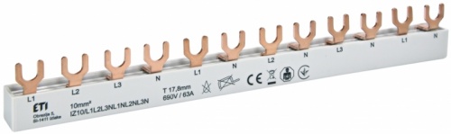 Шина питания IZ 10/L1L2L3N-L1NL2NL3N (10мм2, 3P+N, 0.21м, Fork, 12mod.) | код 002921275 | ETI