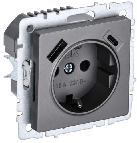 BRITE Роз. с з/к/ш 16А с USB A+C 18Вт РЮш11-1-БрС сталь IEK | код BR-R14-16-U22-018-K46 | IEK