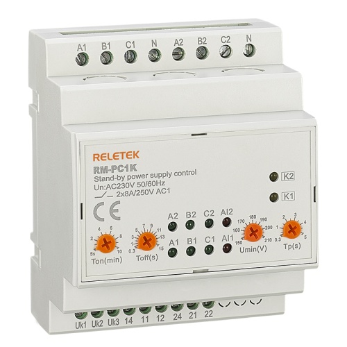 Реле автоматического переключения фаз RM-PC1K, 2x 3P+N, 2NO, 8A(250VAC), L-N 230VAC, Umin+Umax, Ton/off 5_600s/0.3_15s, 3M | код RM-PC1K | RELETEK