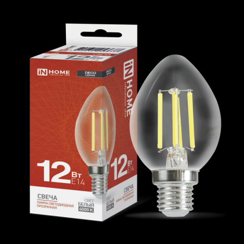 Лампа светодиодная LED-СВЕЧА-deco 12Вт 230В Е14 4000К 1350Лм прозрачная IN HOME | код 4690612053677 | IN HOME