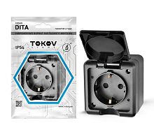 Розетка 1-м ОП Dita 16А IP54 250В с заземл. с крышкой карбон | код TKL-DT-R1Z-C14-IP54 | TOKOV ELECTRIC