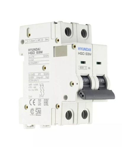 Автоматический выключатель HGD63-M 2PMBS0000C 00006 2 полюса, 6А, ток к.з. 6kA, хар-ка B (STANDARD) | код 13.04.000865 | HYUNDAI