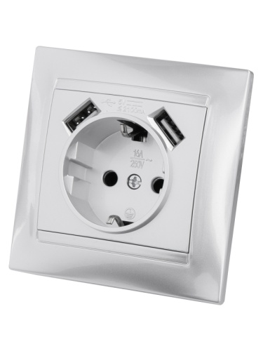 Розетка 2П+З 16А 250В + 2 USB порта 2,1А 5В металлик Лама TDM | код SQ1815-0242 | TDM