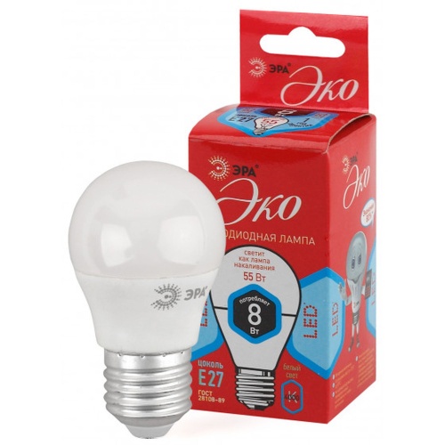 Лампа светодиодная LED P45-8W-840-E27(диод,шар,8Вт,нейтр,E27) | код Б0030025 | ЭРА