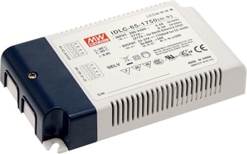 Источник питания AC-DC, 65.1Вт, вход 180…295В AC, 47…63Гц/254…417В DC, ККМ, выход 46…62В/1050мА, изоляция 3750В AC, в кожухе 130х75х25, -20…+85С (корпус), димминг 0...10 В/ШИМ, доп. выход 12В/50 мА | код IDLC-65A-1050 | MeanWell