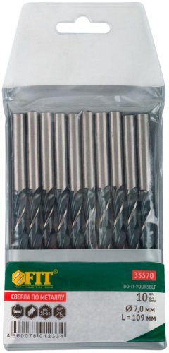 Сверла по металлу HSS черненые 7.0x109 мм (10 шт) | код 33570 | FIT фото 3 Сверла по металлу HSS черненые 7.0x109 мм (10 шт) | код 33570 | FIT фото 3