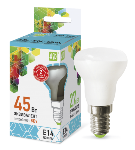 Лампа светодиодная LED-R39-standard 5Вт 230В Е14 4000К 450Лм ASD | код 4690612006703 | ASD