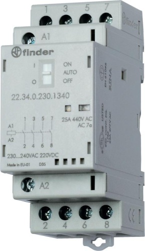 Контактор модульный 4NO 25А AgSnO2 230В AC/DC 35мм IP20 опции: переключатель Авто-Вкл-Выкл + мех. индикатор + LED | код 223402304340 | FINDER
