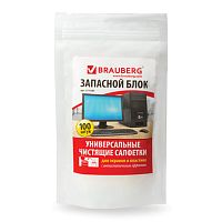 Чистящие салфетки для экранов и пластика (запасной блок) BRAUBERG, 100 шт., влажные, 511685 | код 511685 | BRAUBERG