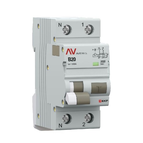 Дифференциальный автомат DVA-10 1P+N 20А (B) 30мА (A) 10кА EKF AVERES | код rcbo10-1pn-20B-30-a-av | EKF