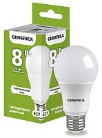 Лампа светодиодная A60 груша 8Вт 230В 4000К E27 GENERICA | код LL-A60-08-230-40-E27-G | IEK