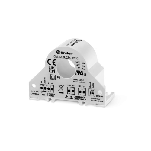 Анализаторы электроэнергии, до 50А (800В АС/1000В DC), питание 24В DC, выход Modbus RS485 RTU, монтаж на DIN-рейку, категория защиты IP 20 | код 6MTA90241200 | FINDER