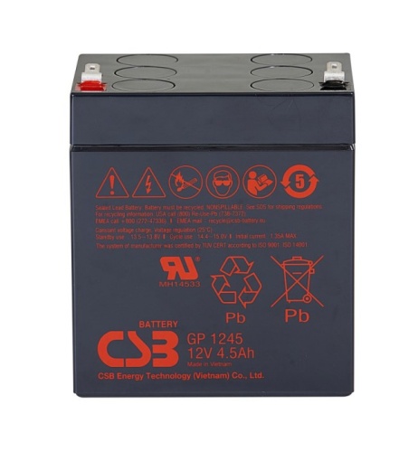 CSB GP1245 Аккумуляторная батарея для ИБП, напряжение: 12В, ёмкость: 4,5Ач, клеммы типа: F1, Размеры ДШВ: 92,8х69,9х107,7мм, вес: 1,66кг. Срок службы: 5 лет. | код CSB GP1245 | CSB