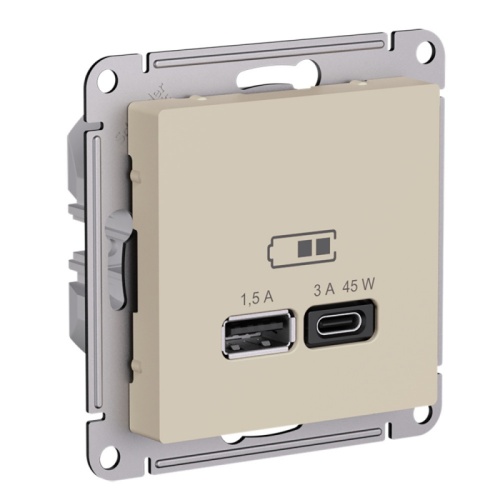 ATLASDESIGN USB РОЗЕТКА A + тип-C 45Вт высокоскор.заряд. QC, PD, мех., ПЕСОЧНЫЙ | код ATN001229 | Systeme Electric