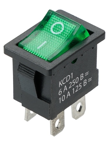 KCD1-201N 250В AC/DC, 2P, 6А, (4с), ON-OFF, черный корпус, зеленая клавиша, с LED подсв., Mini TDM | код SQ0746-0142 | TDM