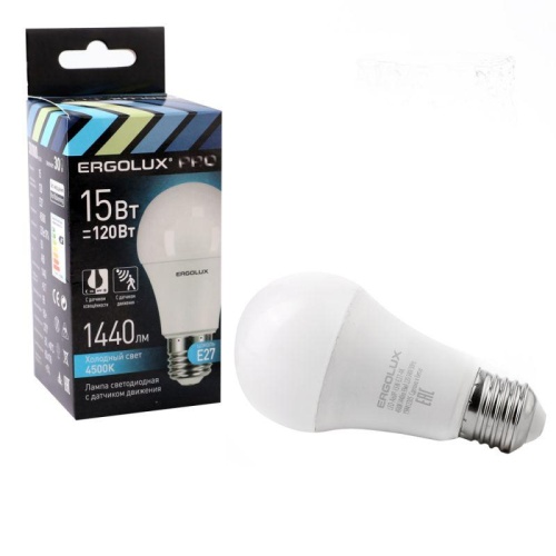 Лампа светодиодная с датчиком LED-A60P-15W-E27-4K PRO 15Вт Е27 4500К 220-240В с Ergolux 14763 фото 2