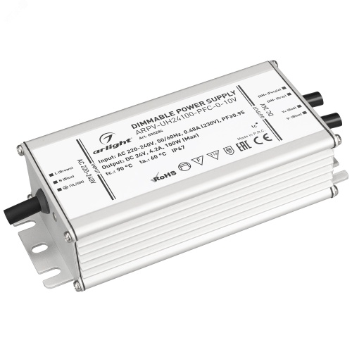 Блок питания ARPV-UH24100-PFC-0-10V (24V, 4.2A, 100W) (ARL, IP67 Металл, 7 лет) | код 30284 | Arlight