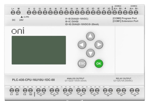 Модуль ЦПУ 4 DI 12 UI (0-10 В/DI) 8 RO 2 AO (1 шт 0-10 В и 1 шт 0-20 мА) 24В DC с Ethernet портом с экраном | код PLC-430-CPU-16U10U-1DC-00 | ONI фото 2