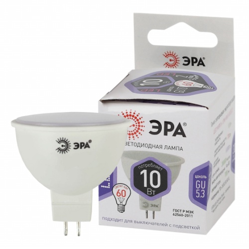 Лампа светодиодная LED MR16-10W-860-GU5.3 MR16 10Вт софит GU5.3 холод. бел. | Код. Б0049073 | ЭРА