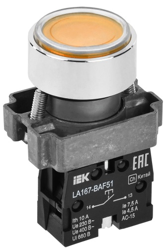 Кнопка управления LA167-BAF51 d=22мм 1з желтая | код BBT20-BAF51-1-22-67-K05 | IEK