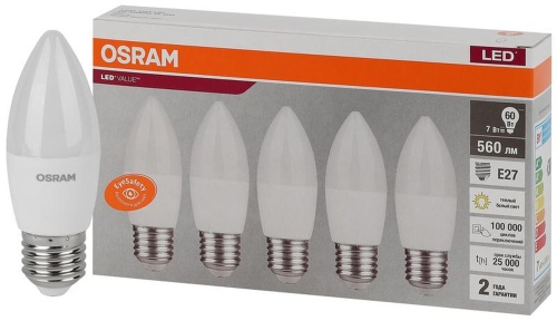 Лампа светодиодная LED Value LVCLB60 7SW/830 свеча матовая E27 230В 2х5 RU (уп.5шт) | код 4058075578012 | LEDVANCE