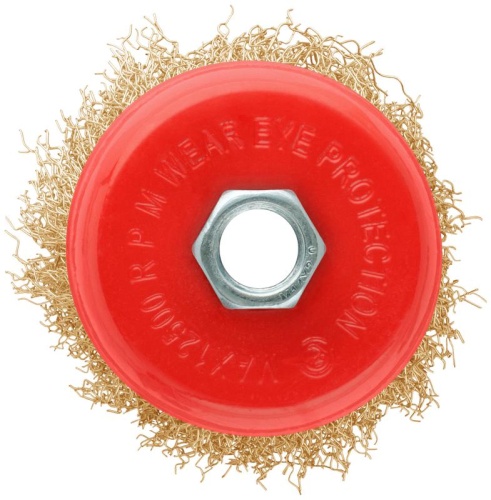 Корщетка-чашка, гайка М14, стальная латунированная волнистая проволока 75 мм, блистер | код 39092 | FIT фото 2