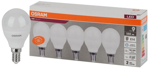 Лампа светодиодная LED Value LVCLP60 7SW/865 шар матовая E14 230В 2х5 RU (уп.5шт) | код 4058075578166 | LEDVANCE