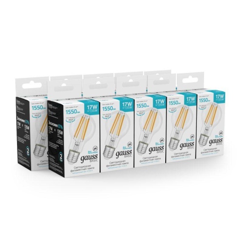 Лампа светодиодная филаментная Basic Filament А60 17Вт 4100К Е27 1550лм GAUSS 10212272 фото 4