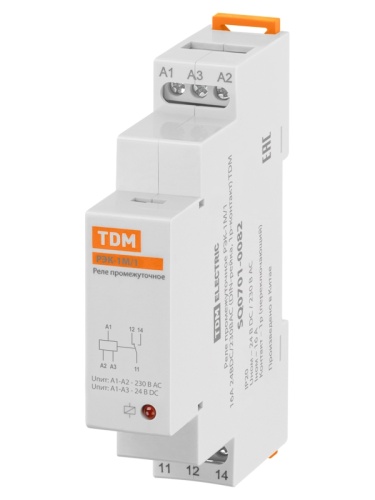 Реле промежуточное РЭК-1М/1 16А 24BDC/230ВАС (DIN-рейка, 1р-контакт) TDM | код SQ0701-0082 | TDM