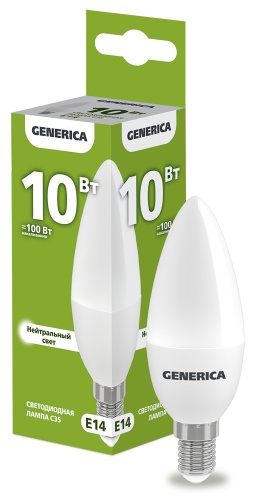 Лампа светодиодная C35 свеча 10Вт 230В 4000К E14 GENERICA | код LL-C35-10-230-40-E14-G | IEK