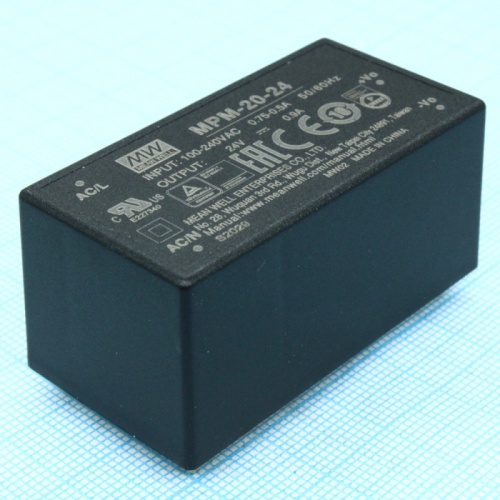 Источник питания AC-DC, 21.6Вт, вход 80...264В AC 47...440 Гц, выход 24В/0.9А, изоляция 4000В AC, в кожухе 52.4х27.2х24мм, -35...+85C | код MPM-20-24 | MeanWell