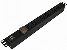 Hyperline SHE19-6IEC-S-IEC Блок розеток для 19 шкафов, горизонтальный, 6 розеток IEC320 C13, выключатель с подсветкой, без кабеля питания, входной разъем IEC320 C14 10A, 250В, 482.6x44.4x44.4мм (ШхГхВ), корпус алюминий, черный | код 426784|