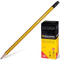 Карандаш чернографитный BRAUBERG, 1 шт., НВ, с резинкой, корпус желтый с черными полосами, заточенный, 180614 | код 180614 | BRAUBERG