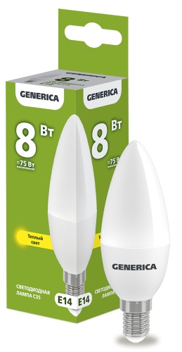 Лампа светодиодная C35 свеча 8Вт 230В 3000К E14 GENERICA | код LL-C35-08-230-30-E14-G | IEK