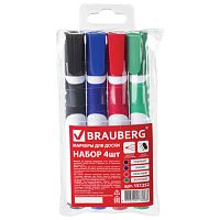 Маркеры для доски BRAUBERG SOFT, НАБОР 4 шт., АССОРТИ, резиновая вставка, круглый наконечник, 5 мм, 151252 | код 151252 | BRAUBERG