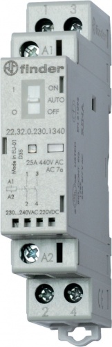 Модульный контактор, 2NO 25А, контакты AgNi, катушка 120В АС/DC, ширина 17.5мм, степень защиты IP20, опции: переключатель Авто-Вкл-Выкл + мех.индикатор + LED, упаковка 1шт. | код 223201201340PAS | FINDER