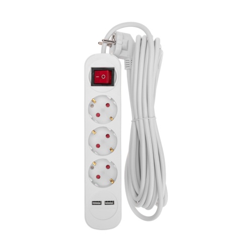 Удлинитель STANDARD 3 гнезда, 5м, 3х1,0мм?, с/з, с выключателем, 2 USB, белый REXANT | код 13-4017 | REXANT