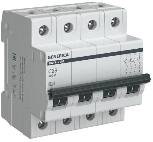 Авт. выкл. ВА47-29М 4P 63А 4,5кА C GENERICA | код MVA21-4-063-C-G | GENERICA by IEK