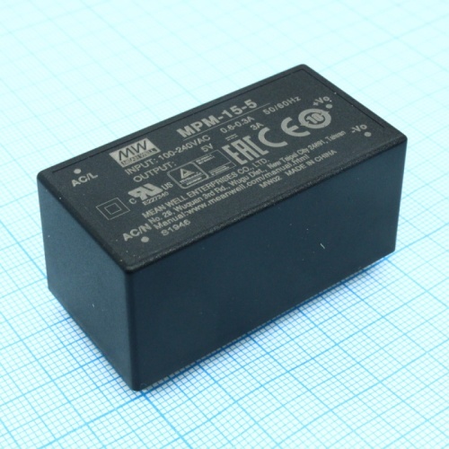 Источник питания AC-DC, 15Вт, вход 80...264В AC 47...440 Гц, выход 5В/3А, изоляция 4000В AC, в кожухе 52.4х27.2х24мм, -40...+85C | код MPM-15-5 | MeanWell
