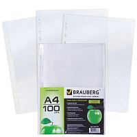 Папки-файлы перфорированные, А4, BRAUBERG, комплект 100 шт., гладкие, Яблоко, 35 мкм, 221710 | код 221710 | BRAUBERG